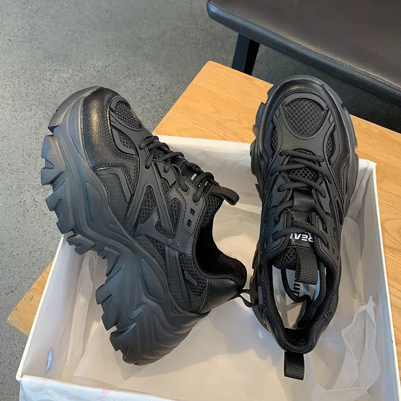 2024 New Summer Black Chunky Casual Sneakers Women New Fashion Platform Sport Shoes Mesh Leather Platform Shoes
