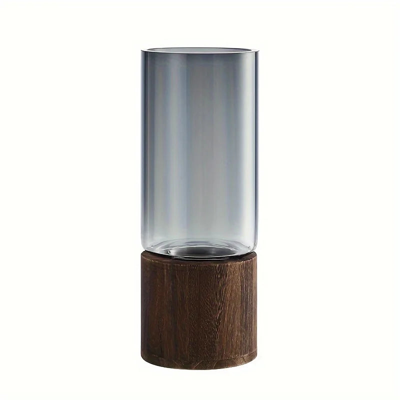 Vase Verre Élégant Base Bois | Plante Hydroponique | Arrangement Floral | Décor Bureau & Maison