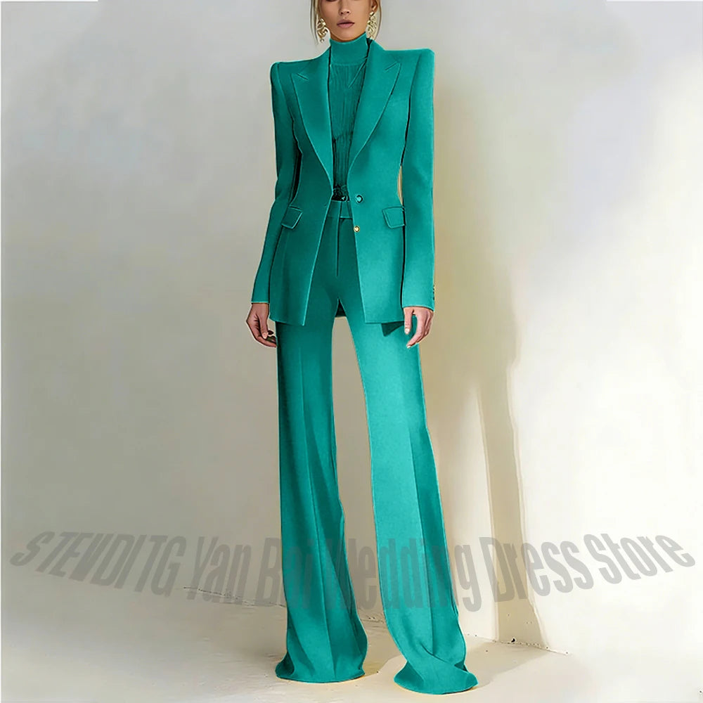 Women's Pant Suit 2 Piece Set Office Female Business Work Formal Jacket Trouser One Button Chic Yellow Peaked Lapel Elegant Suit