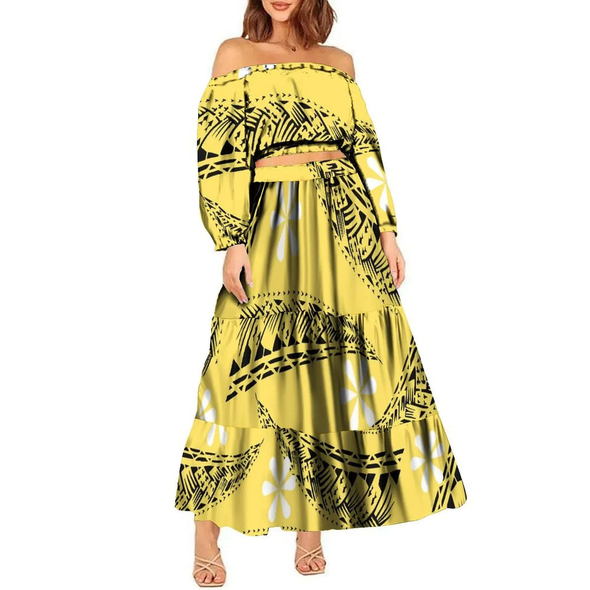 2024 Trendy 2 Piece Set Custom Polynesian Tribal One Shoulder Long Sleeve Crop Top Maxi Skirt Plus Size Women's Sets Dress