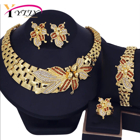 YTJX Wedding Jewelry Set African Big Flower Choker Necklace Fine Zircon Bracelet Piercing Earring Ring 18K Gold Plated Jewelry