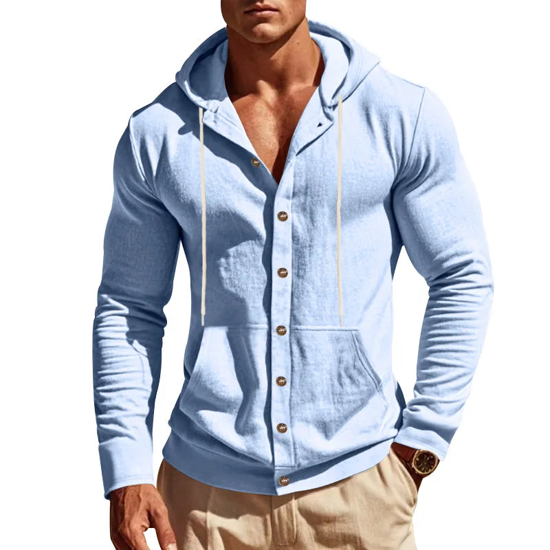Men's Linen Hoodie Shirt Casual Slim Fit Hooded Long Sleeve Solid Button Down T-shirt Tops New Men Spring Summer Vacation Shirts