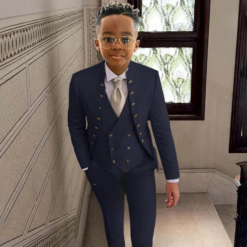 Fashionable Kids Stand-up Collar Suits 3 Pieces Jacket Vest Pants Performance Outfit Comfortable Boys Tuxedo Wedding Guest Wear