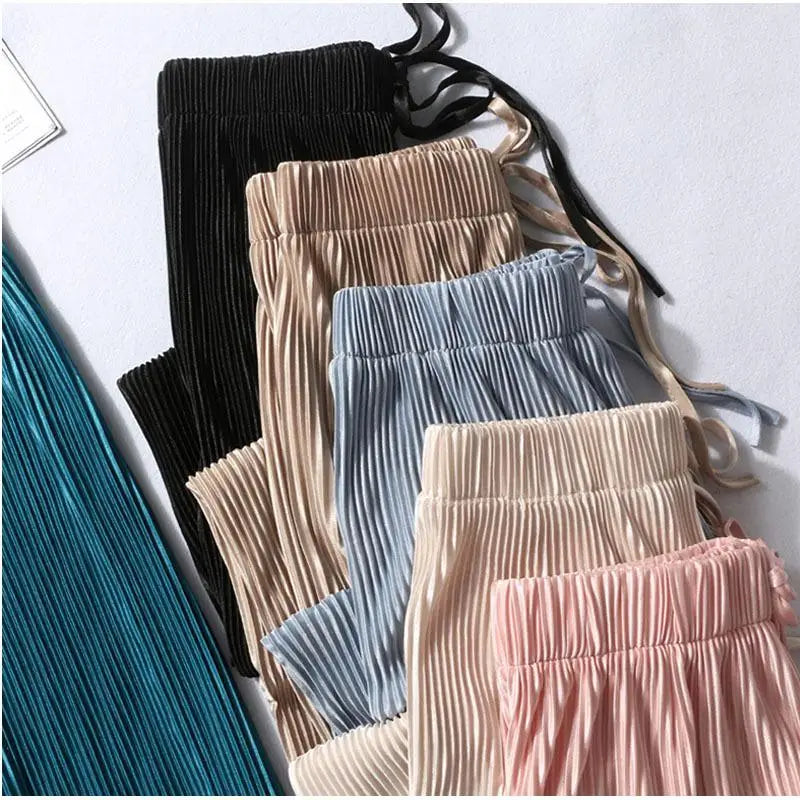 Pantalon Large Plissé Soie Glacée Femme | Taille Élastique Ample | Casual Été Mode