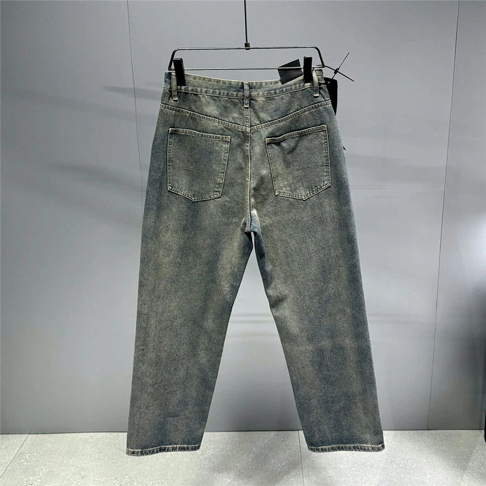 American Streetwear Baggy Jeans For Men's Clothing Vintage Distressed Gray Denim Pants Harajuku Casual Skateboard Pants Male