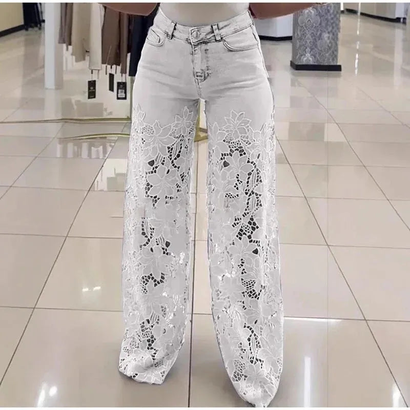 Jean Femme Taille Haute Jambe Large | Dentelle Ajournée Denim | Coton Printemps-Été | Style High Street | XS à XXXL