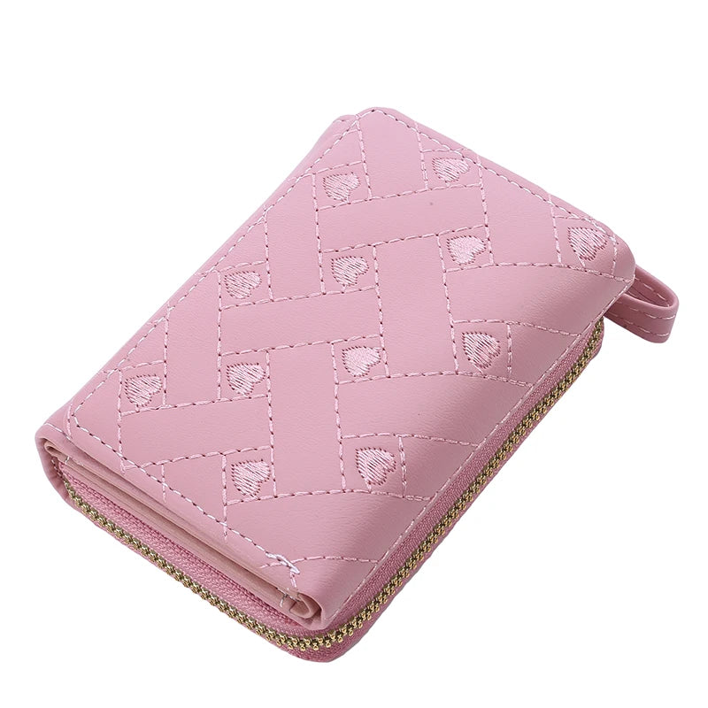 Women's Tri-Fold Wallet PU Card Holder Multi-Object Pocket Short Fashion Embroidered Love Pattern Korean Minimalist New 2023