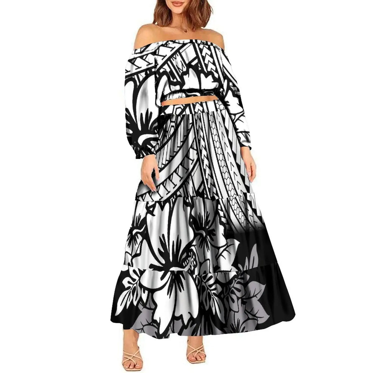 2024 Trendy 2 Piece Set Custom Polynesian Tribal One Shoulder Long Sleeve Crop Top Maxi Skirt Plus Size Women's Sets Dress