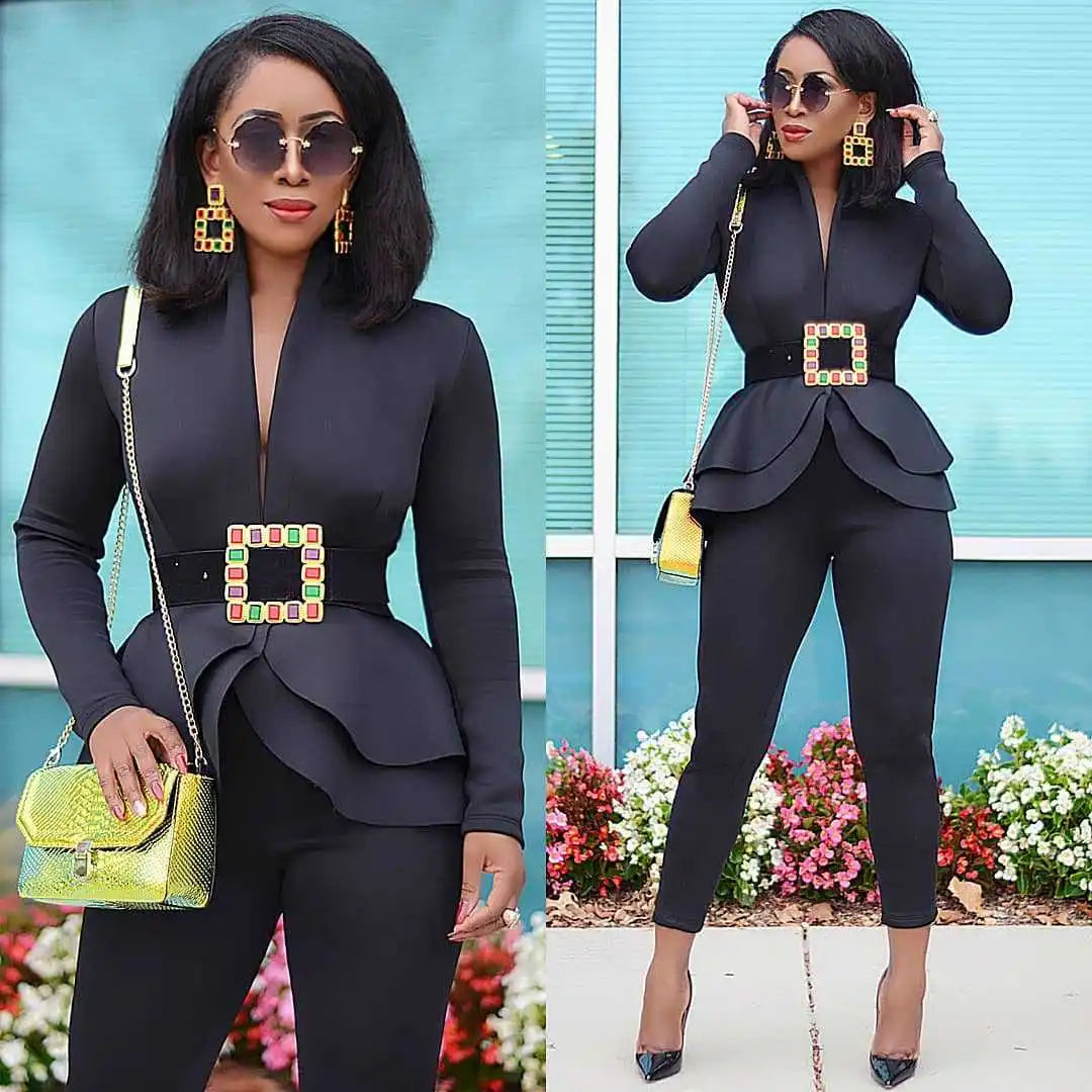 Women's Winter Tracksuit Set Full Sleeve Ruffled Blazer Pencil Pants Suit Two-Piece Set Office Lady Outfits Uniform