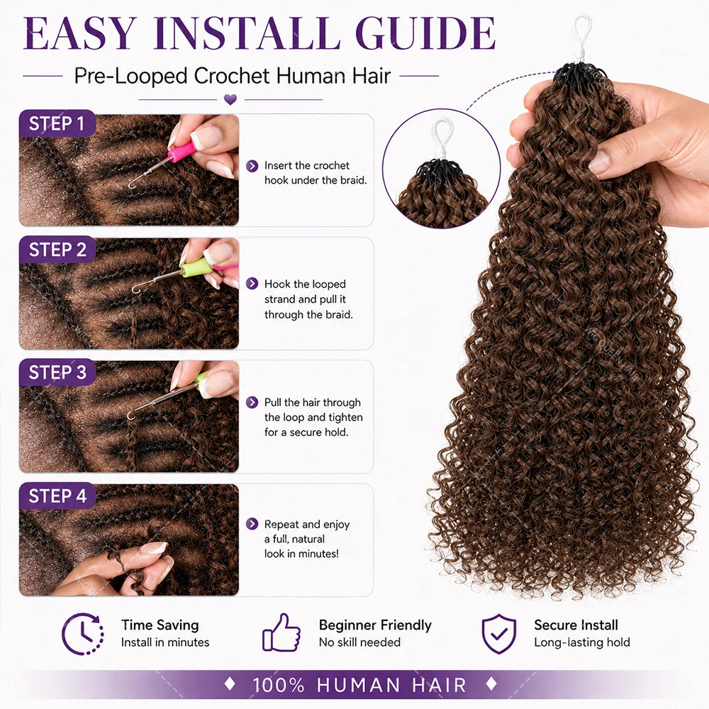 #4 Warm Brown Kinky Curly Crochet Human Hair Extensions Miracle Knots Pre-Looped Easy Install Soft Natural Curly Texture