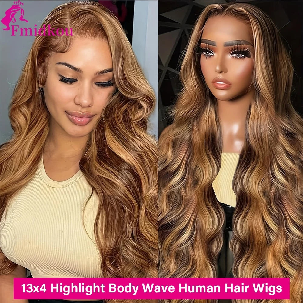 Highlight 13x6 HD Lace Frontal Human Hair Wig 4/27 Glueless Wigs Human Hair Clearance Sale Body Wave Human Hair Wigs For Women