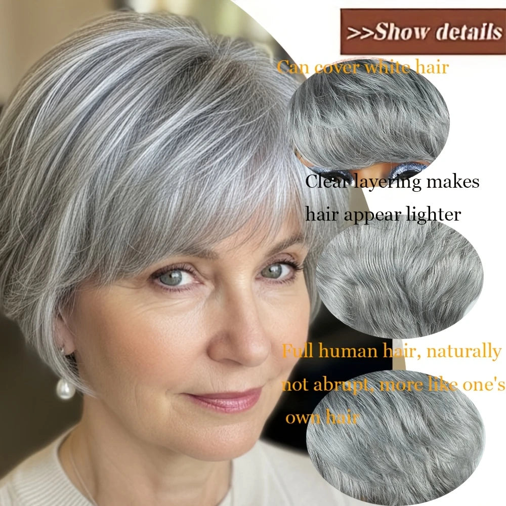 Silver Gray Textured Pixie Human Hair Wig, 100% Virgin Real Hair Short Layered Wig with Bangs Daily Wear Wig Machine Made