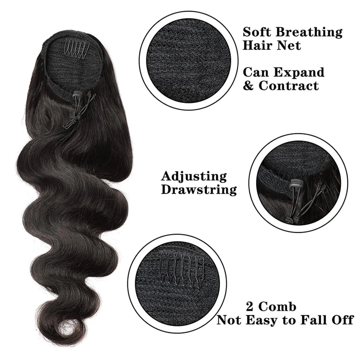 Queue de Cheval Body Wave Drawstring | Cheveux Humains Brésiliens Remy | Clip | Couleur Naturelle | Femme