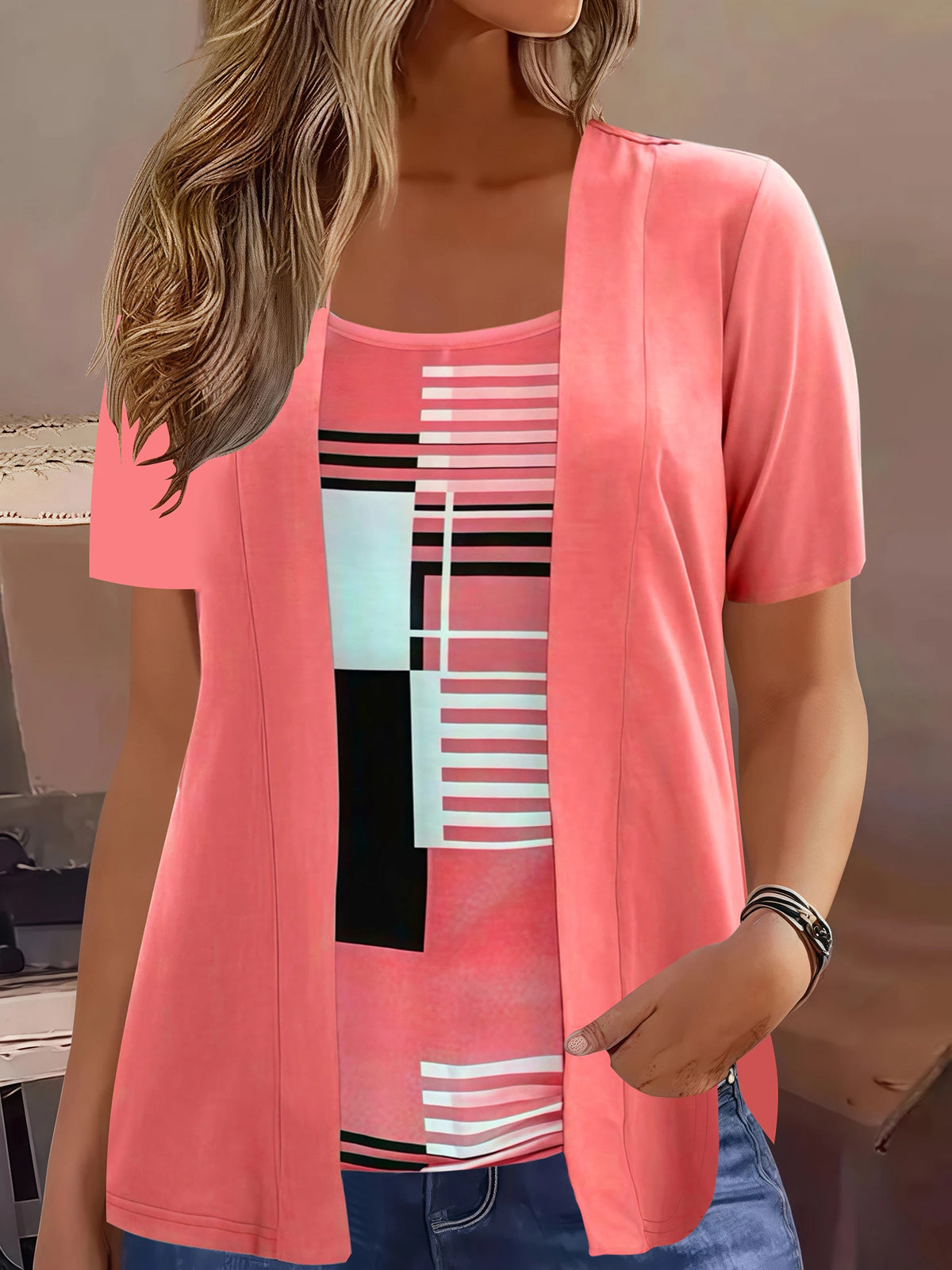 Elegant Geometric Print Mock Two-Piece T-Shirt | Plus Size Women's Summer Casual Top | Fashion Patchwork Design