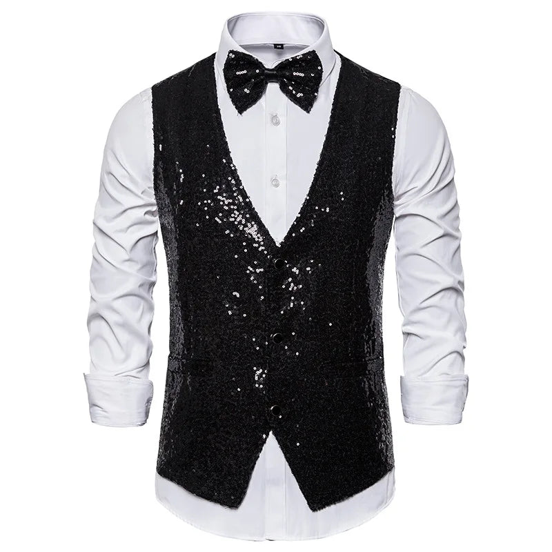 Luxury Vest for Men V-neck Slim Sparkling Tailcoat Solid Plain Waistcoat Bowtie Set Wedding Party Formal Sleeveless Jacket