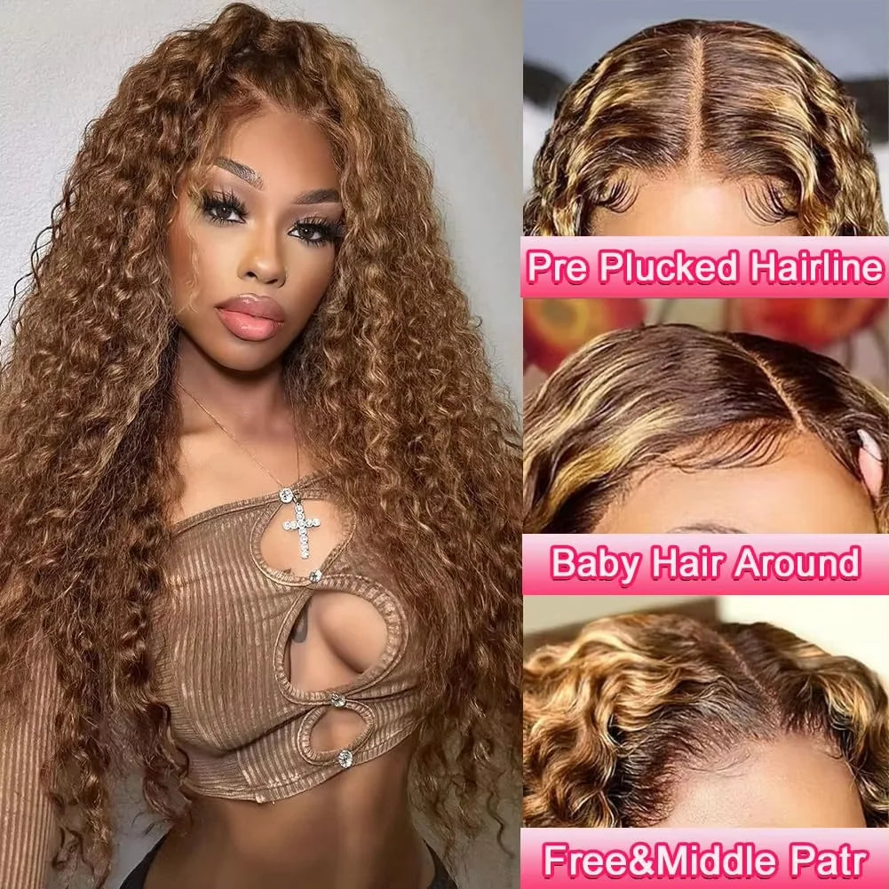 Perruque Deep Water Wave Highlight | Coloris 4/27 Miel Brun Ombré | 13x4 HD Lace Frontal | Cheveux Humains | Femme