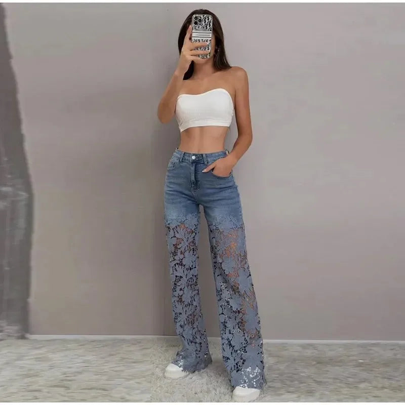 Jean Femme Taille Haute Jambe Large | Dentelle Ajournée Denim | Coton Printemps-Été | Style High Street | XS à XXXL