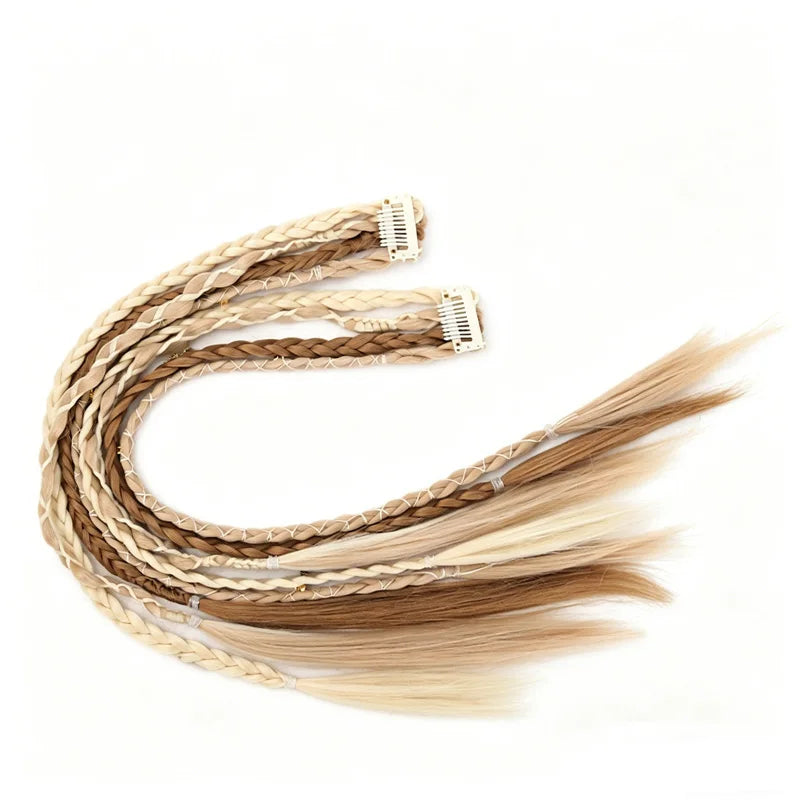 Bohemian Long Hair Braid Hand-Woven Wig Braid with Decorative Hair Accessories Easy-to-Wear Synthetic Hair Clip Braid synthetic