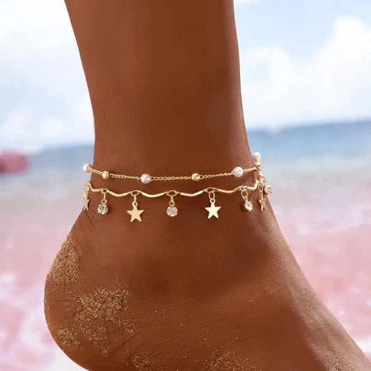 Bracelet Cheville Bohème | Chaîne Pied Glands Étoile Cristal | Charme Nuptial Plage | Bijou Été Femme