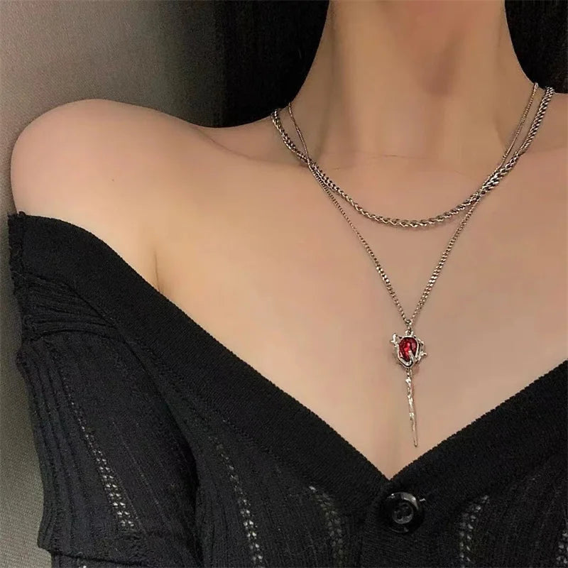 Double Layer Red Crystal Rose Pendant Necklace Layered Necklaces Thorn Rose Clavicle Chain Choker Earrings Goth Jewelry Set Gift