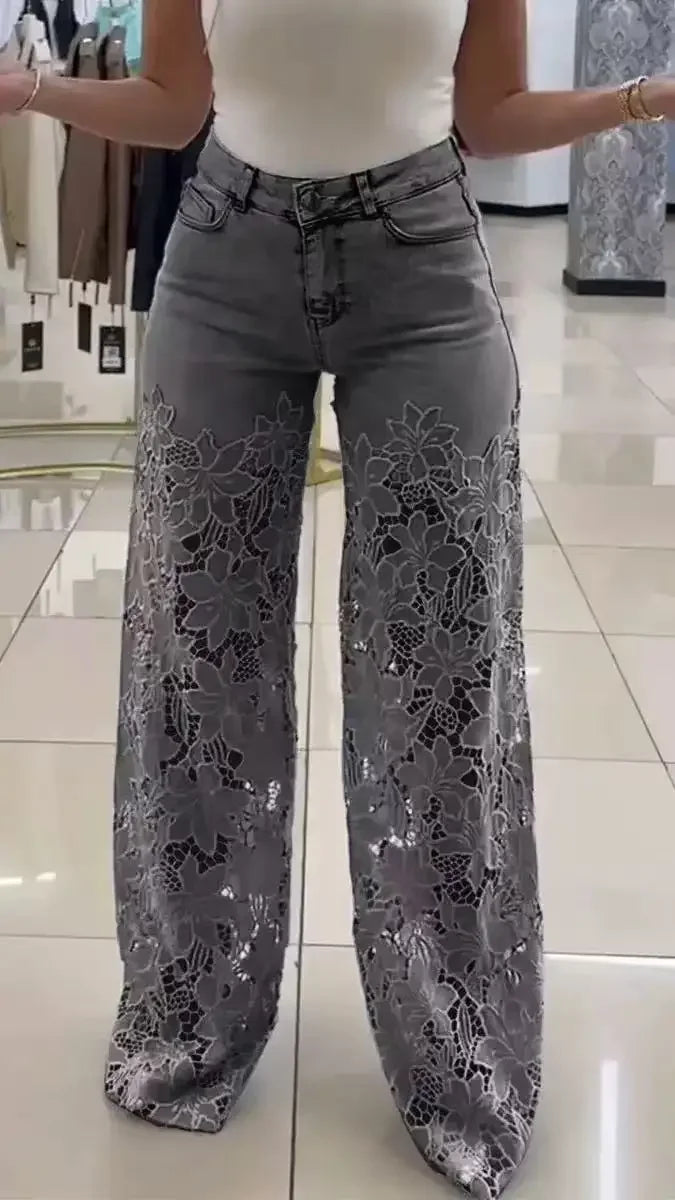Jean Femme Taille Haute Jambe Large | Dentelle Ajournée Denim | Coton Printemps-Été | Style High Street | XS à XXXL