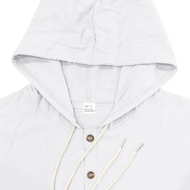 Men's Linen Hoodie Shirt Casual Slim Fit Hooded Long Sleeve Solid Button Down T-shirt Tops New Men Spring Summer Vacation Shirts