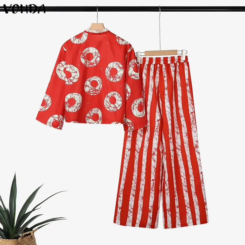 Ensemble 2 Pièces Grande Taille Femme 5XL | Boho Manches 3/4 | Chemise Imprimée & Pantalon Large | Vintage