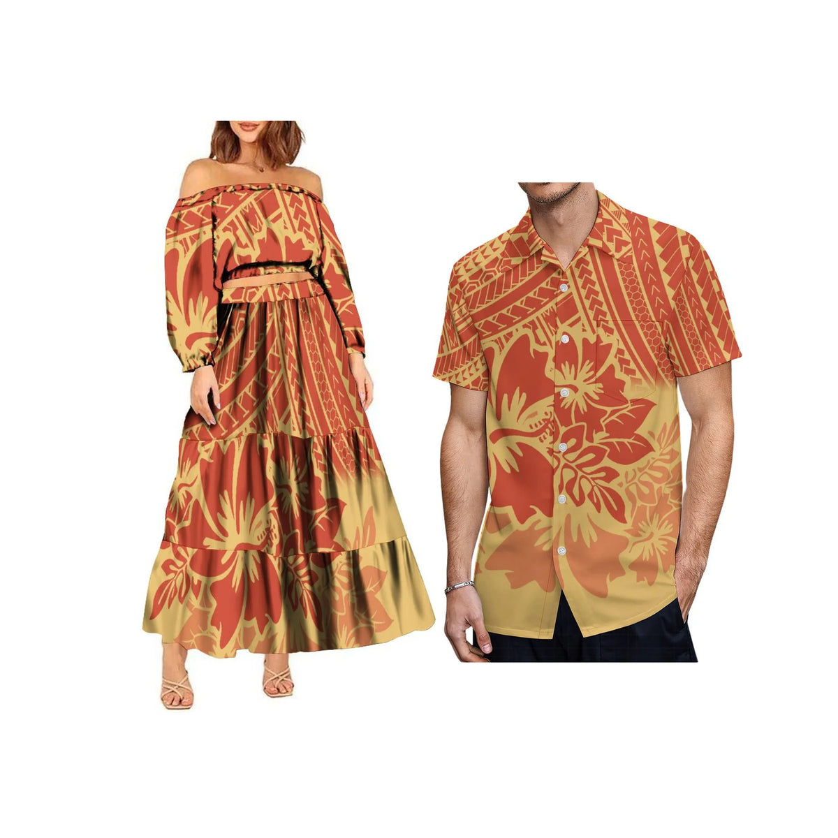 2024 Trendy 2 Piece Set Custom Polynesian Tribal One Shoulder Long Sleeve Crop Top Maxi Skirt Plus Size Women's Sets Dress
