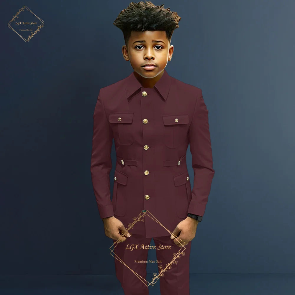 Boys single-breasted formal 2-piece suit, boys Zhongshan suit style long coat classic design suitable for ages 2-16