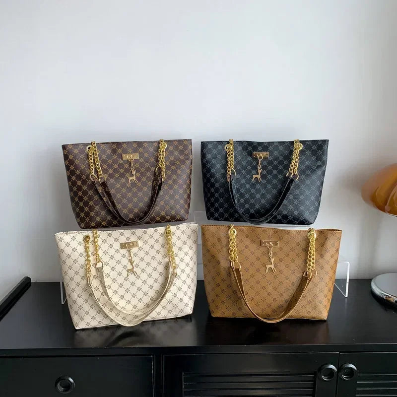 Women's Luxury Design New Presbyopic Handbag Large Capacity Handbag Fashion Printing Shoulder Bag Trendy Shopping Bag with Pendant