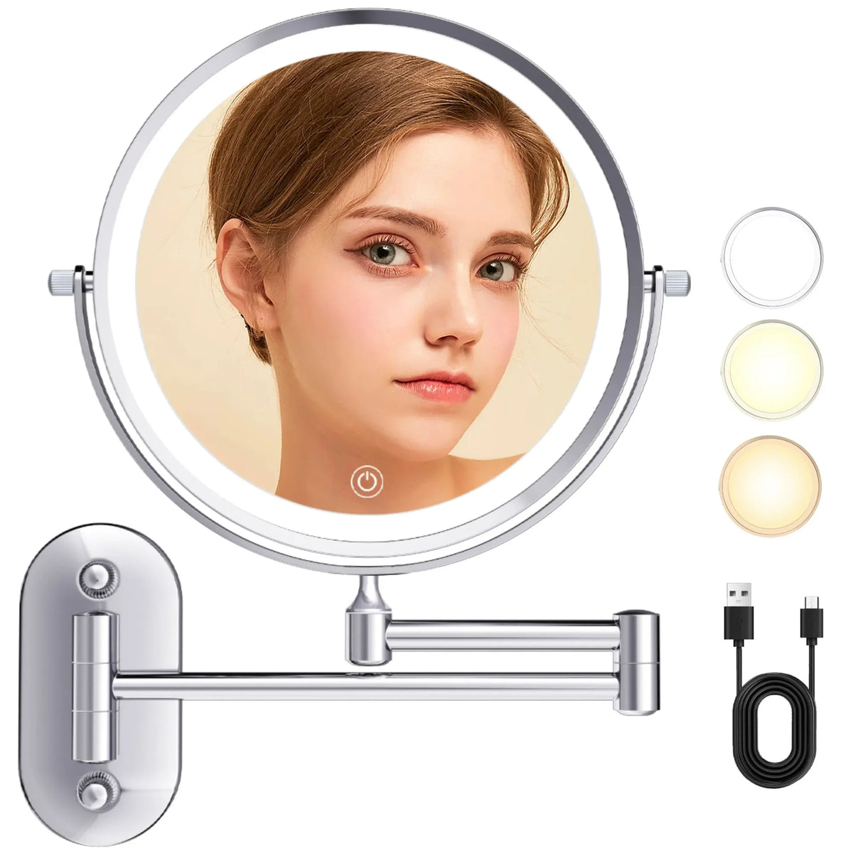 8" Wall Mounted Makeup Mirror With Lights, 10x Magnifying Mirror Wall Mount for Vanity, Bathroom and Shaving