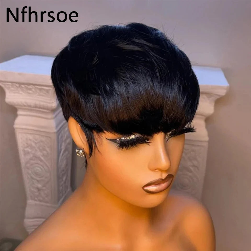 Short Straight Bob Wig Pixie Cut Wigs Human Hair For Black Women With Bangs Brazilian Virgin Hair Non Lace Front Cheap Wig Black