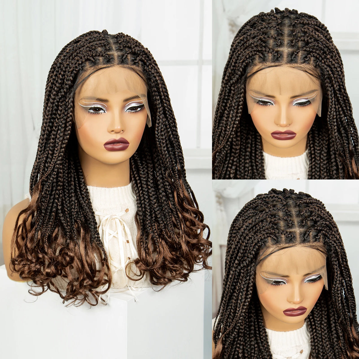 Perruque Tressée 360 Full Lace Synthétique | Knotless Box Braids | Baby Hair | Boho Boucles Extrémités | Femme