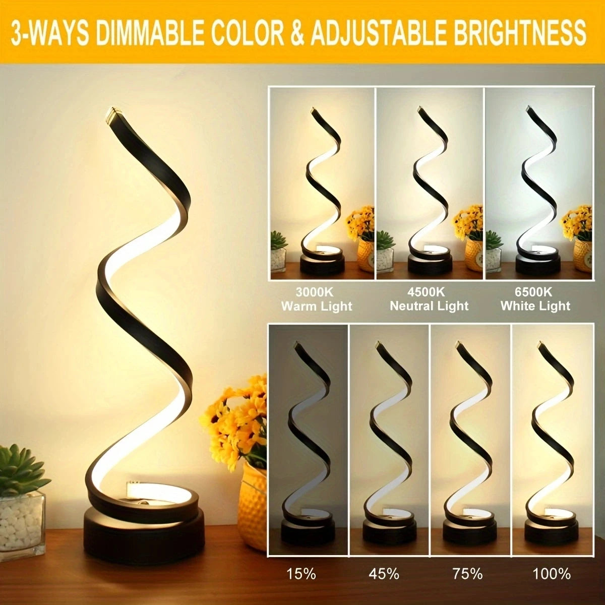 Lampe de Table Spirale LED Moderne Dimmable | Petite Lampe de Chevet | Salon, Chambre & Bureau
