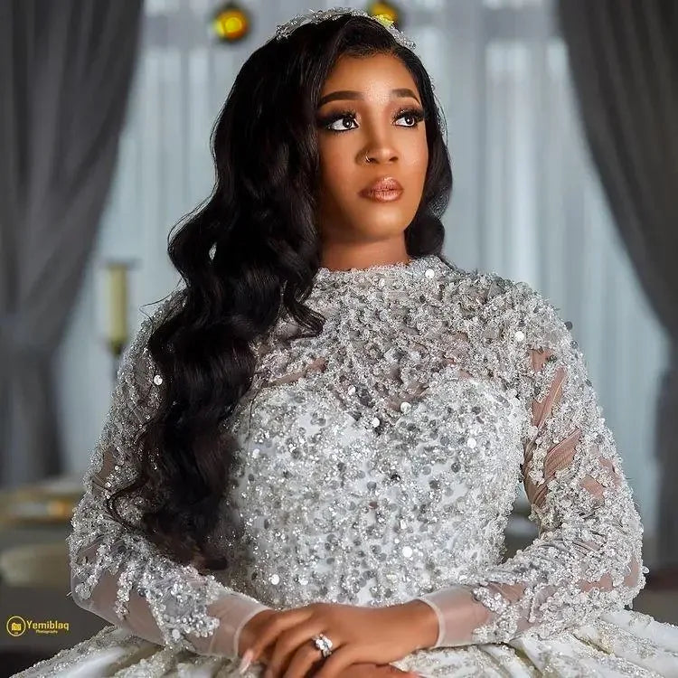 Gorgeous Sparkly Sequins Arabic Wedding Dress Long Sleeves African Bridal Gown Puffy Ruffles Dubai Robe De Mariage Customized