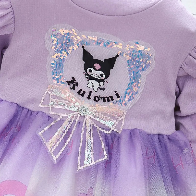 Fashion Girls Dress Spring Autumn Mesh Cartoon Kuromi Long Sleeve Princess Dresses for 2-6 Years Kids Birthday Party Costume
