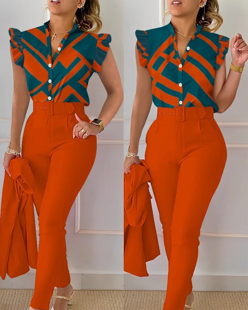 Women's Elegant Slim Two-Piece Sets Summer Fashion Print V Neck Button Flying Sleeve Shirt Top & Solid Long Pants Suits With Belt