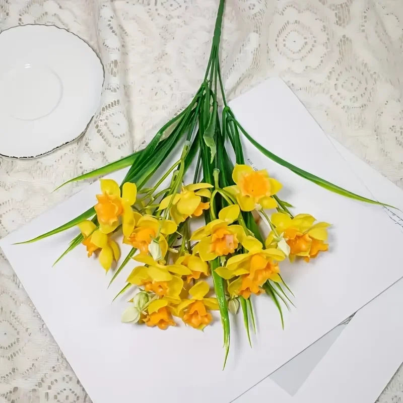 Artificial Daffodil Flowers for Outdoor Fake Flowers Plant UV Resistant Realistic Faux Plants for Home Indoor Outside Garden