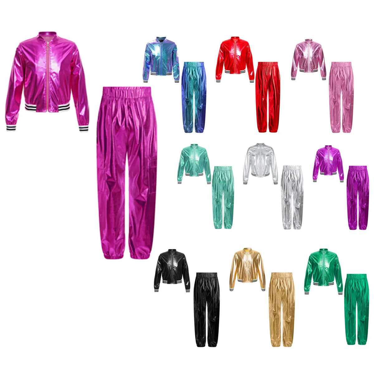 Ensemble Danse Fille Hip Hop | Veste Bomber Métallique & Pantalon | Costume Scène Carnaval Jazz