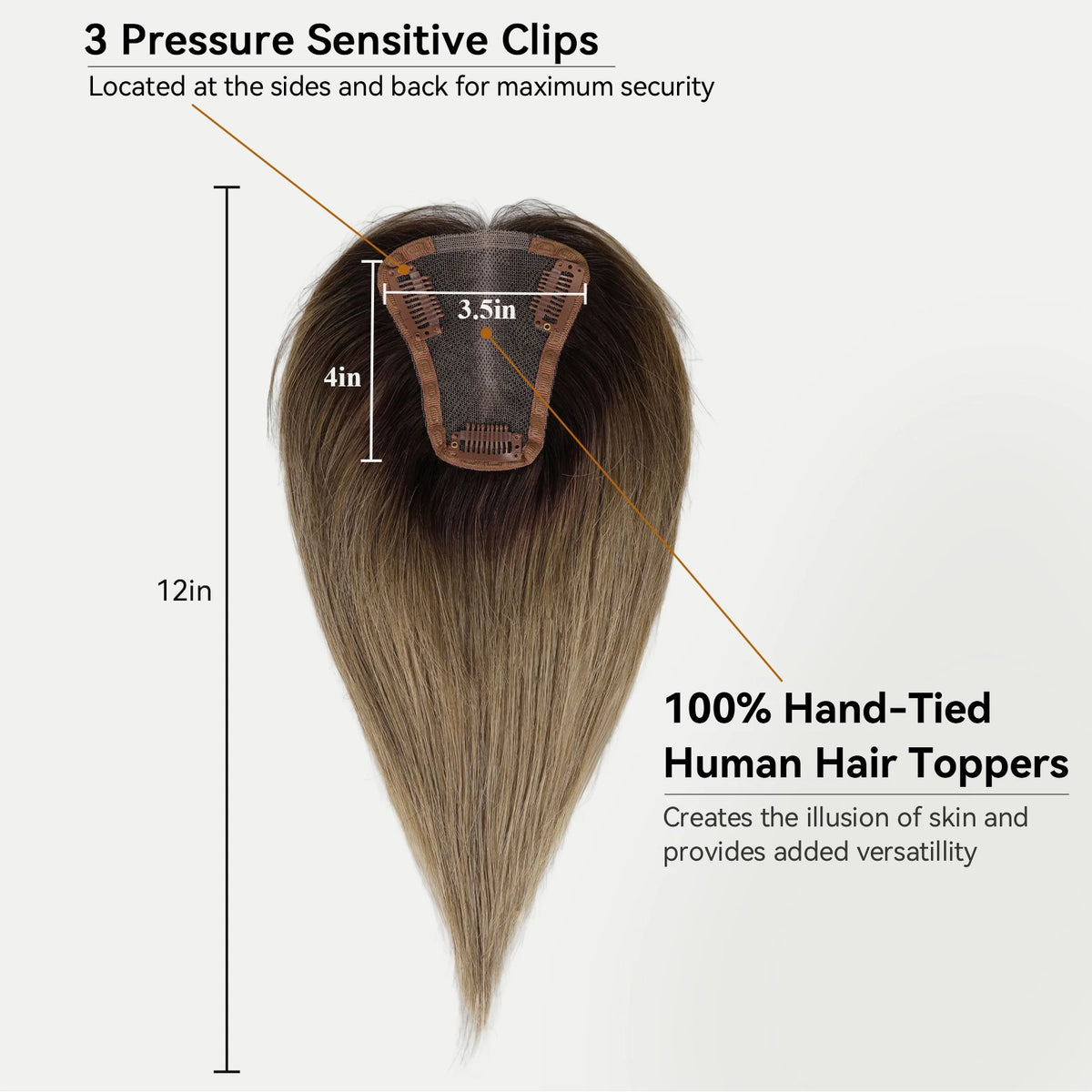 Topper Cheveux Remy 100% | Brun Ombré | 12 Pouces | Lace Base Milieu | Clip | Pour Cheveux Clairsemés | Femme