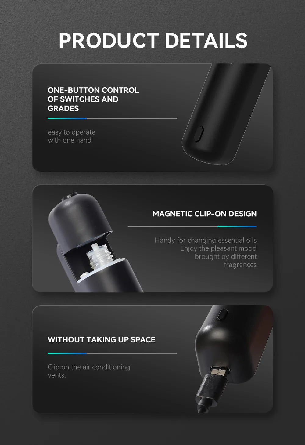 Car Air Freshener Perfume Vent Clip Electric Aroma Diffuser Cordless with 6 Scents Small Portable Gifts Essential Oil Diffuser