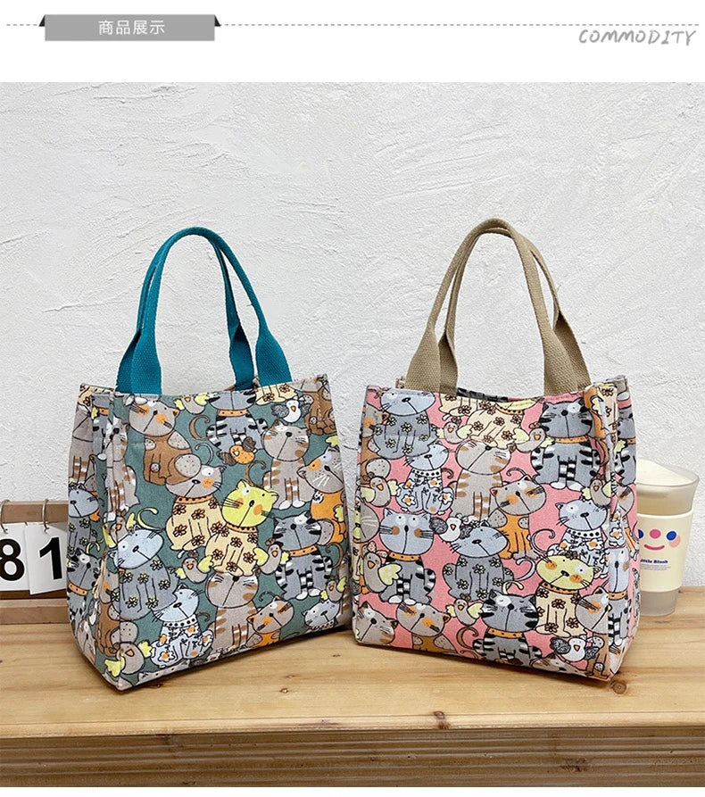 Fashionable Top-Handle Bag with Cute Cat Pattern, Portable Mommy Bag for Women