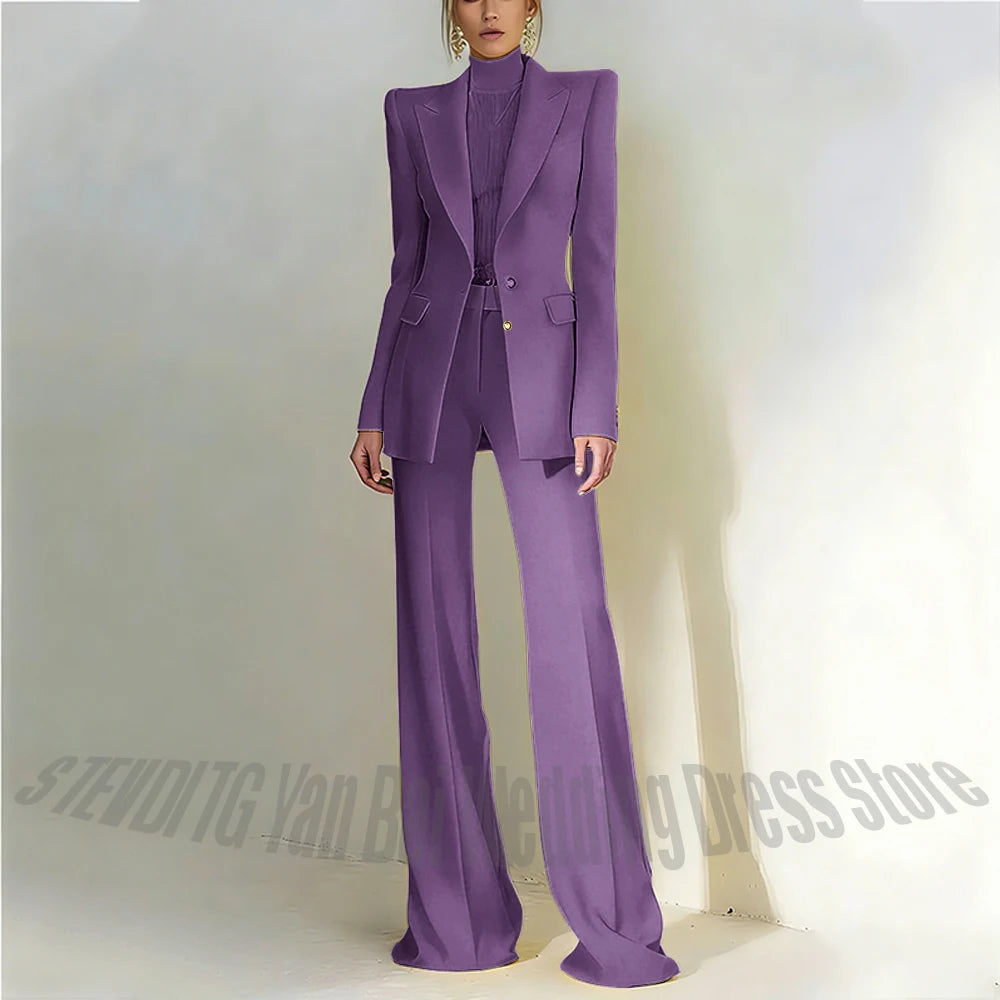 Women's Pant Suit 2 Piece Set Office Female Business Work Formal Jacket Trouser One Button Chic Yellow Peaked Lapel Elegant Suit
