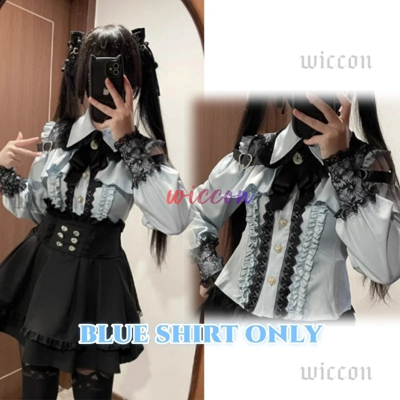 Jirai Kei Outfit Lolita Girls Shirt Skirt Set Women Kawaii Bow Long Sleeve Y2K Casual Aesthetic Shirt Japanese Style Women