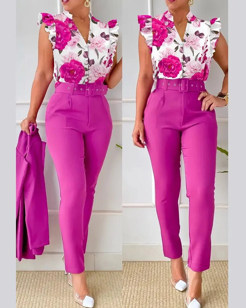 Women's Elegant Slim Two-Piece Sets Summer Fashion Print V Neck Button Flying Sleeve Shirt Top & Solid Long Pants Suits With Belt