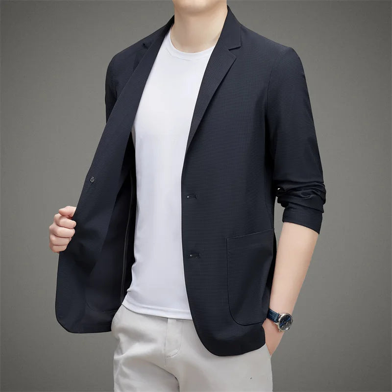 Minimalist Men's Casual Blazer Ice Silk Nylon Spandex Seamless High-Stretch Sun Protection Cooling Summer Breathable Tech Jacket