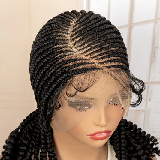 Synthetic Cornrow Braids Wig Full Lace Braided Wig with Curly Ends Lace Frontal Afro Knotless Braiding Wigs for Black Women