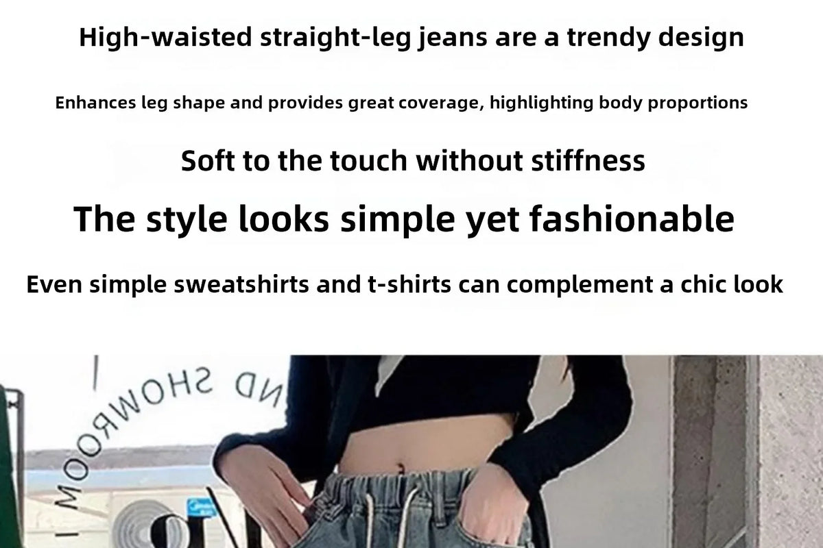 Botvotee Elastic Waist High Waist Wide Leg Jeans for Women Loose Straight Blue Long Denim Pants Female Fashion Streetwear Jeans