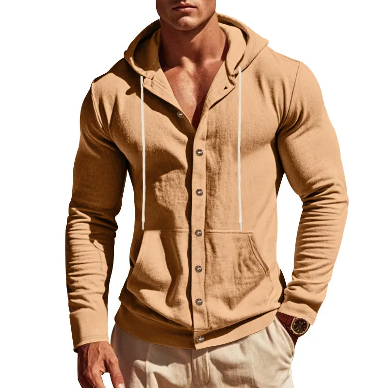 Men's Linen Hoodie Shirt Casual Slim Fit Hooded Long Sleeve Solid Button Down T-shirt Tops New Men Spring Summer Vacation Shirts