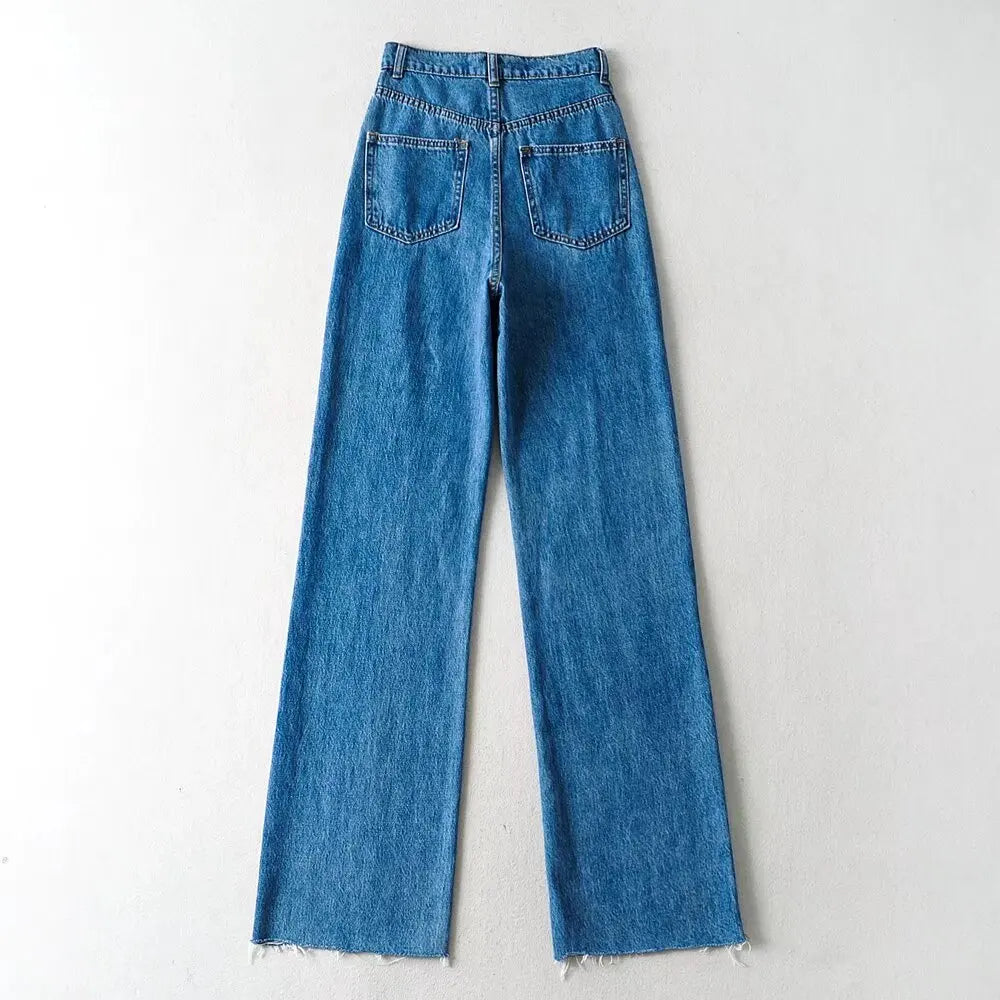 Jean Femme Taille Haute 2025 | Printemps-Automne | Décontracté Droit | Ourlet Brut Longueur Sol | Vintage
